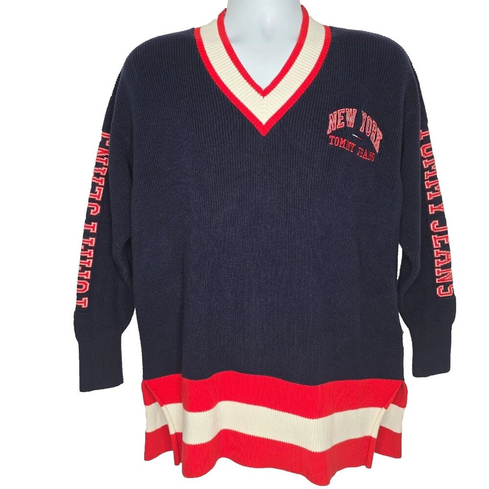 Tommy Hilfiger Jeans New York Sweater Mens Small Knit Varsity Oversized Preppy